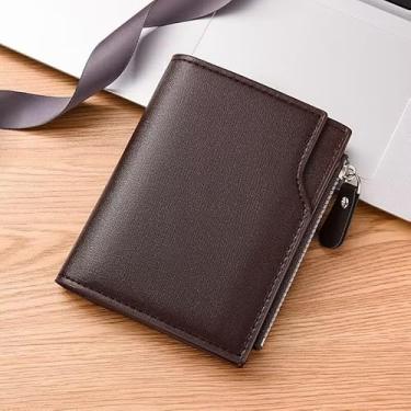 Imagem de Carteira masculina com zíper com 10 compartimentos para cartão - Carteira fina de poliuretano com bloqueio de RFID com fecho de zíper, organizador de grande capacidade, 12 x 9,5 cm (preto, marrom café