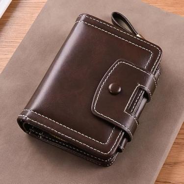 Imagem de Carteira masculina fina com bolso com zíper – Organizador compacto de poliuretano com 12 compartimentos, 12 x 10 cm (preto, café, marrom claro, cáqui), Café, Retrô