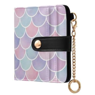 Imagem de STAYTOP Linda carteira feminina com escamas de sereia com bloqueio de RFID, de couro macio, dobrável, compacta, porta-cartões para mulheres, com zíper e bolso para moedas, janela para identidade