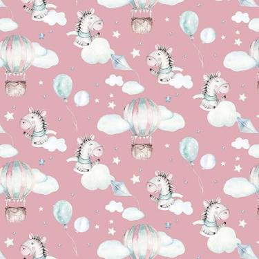 Imagem de Papel de Parede Adesivo Infantil Zebrinha e Balões Fundo Rosa 2,5m