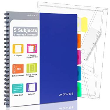 Imagem de MOWEE Caderno espiral – Caderno com 5 matérias, caderno pautado universitário com 3 furos perfurados com divisórias, bolsos de armazenamento, régua de 28 cm, 100 folhas de 200 páginas, para escrever