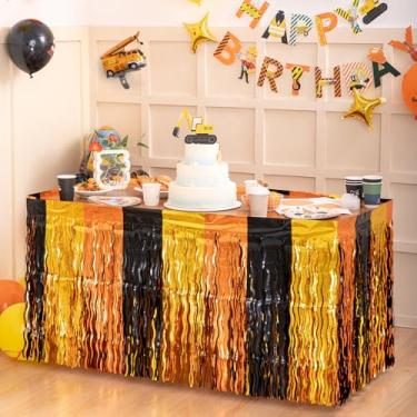 Imagem de Decorações de festa de aniversário de construção, saia de mesa ondulada amarela laranja preta serpentinas de franja metálica para decoração de festa de Halloween outono outono outono - 29 x 108