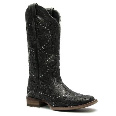 Imagem de Bota Texana Feminina Vimar Boots Couro Legítimo Preto com Gliter Preto (Preto, BR, Adulto, Numérico, 38)