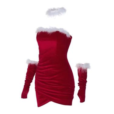 Imagem de PMIYS Lingerie vermelha de Natal feminina de pelúcia patchwork vestido tubinho sem alças festa de Natal cosplay fantasia, Vermelho, Small
