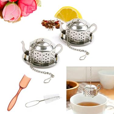 Imagem de Nature Blossom Pacote com 2 infusor de chá de folhas soltas de aço inoxidável com bandejas de gotejamento, colher e escova de limpeza macia, filtro de ervas para caneca + saco de organza de seda como