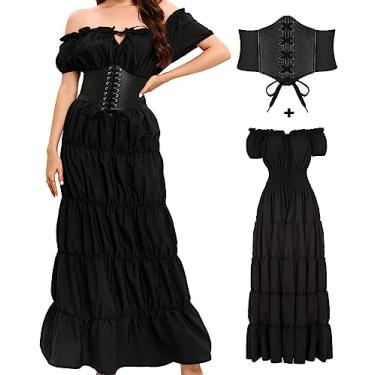 Imagem de BITSEACOCO Vestido feminino medieval renascentista, fantasia de bruxa camponesa de pirata de Halloween, vestidos longos de chemise de fada irlandesa, Preto, P