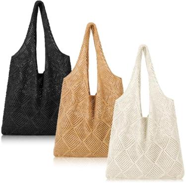 Imagem de Zonon Bolsa feminina de praia de malha de crochê, 3 peças, bolsa de palha de tecido oco de verão, bolsas de ombro de malha para viagem, boêmio, estética, bege, tawny, preto, Large