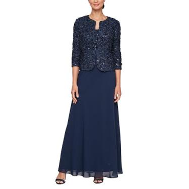 Imagem de Alex Evenings Vestido feminino longo com cintura império, duas peças para mãe da noiva com jaqueta de renda (tamanho pequeno e regular), Soutache azul-marinho, 50