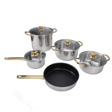 Imagem de Conjunto de Panelas de Aço Inoxidável, Conjunto de Panelas e Frigideiras, Conjunto de Panelas de Cozinha, Alça Dourada Ergonômica Conjunto de Panelas Multifuncionais Panelas Com