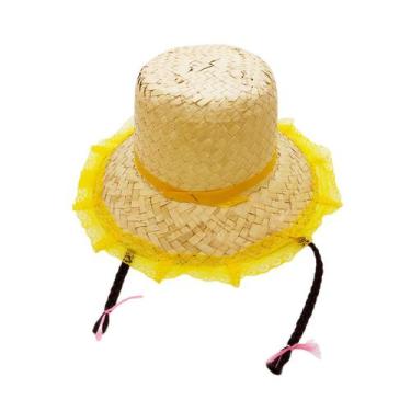 Imagem de Chapéu de Palha de Renda com Trança - Amarelo com Trança Marrom - 1 un