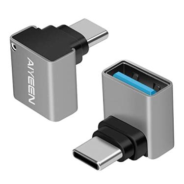 Imagem de Adaptador USB C para USB (pacote com 2), adaptador USB C macho de 90 graus para USB 3.0 fêmea, conversor OTG compatível com MacBook Pro 2019/2018, Samsung e mais dispositivos USB-C, cinza