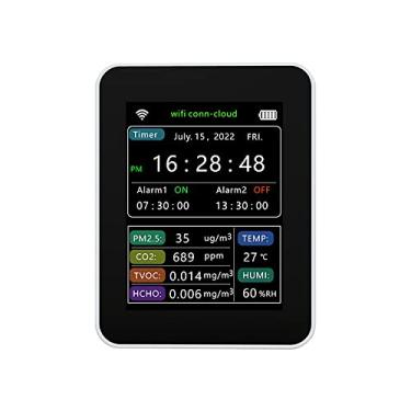 Imagem de Vislone Detector inteligente de qualidade do ar Wi-Fi PM2.5 CO2 TVOC HCHO temperatura umidade 6 em 1 Detector hora data semana exibição celular aplicativo remoto visualização