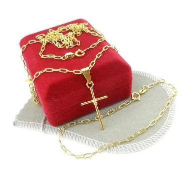 Imagem de Corrente Masculina 70cm 2mm Cruz e Pulseira Folheado Ouro 18k CR773 - 