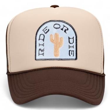 Imagem de Boné de caminhoneiro Ride Or Die Cowboy Patch | Vintage Cowgirl Western Country Hunting | Boné snapback de espuma premium para homens e mulheres, Marrom/bronze, Tamanho �nica