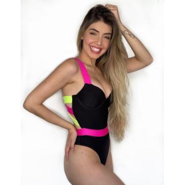 Imagem de Maiô  Meia Taça Com Bojo Fixo E Aro Preto Com Rosa Pink E Amarelo Neon