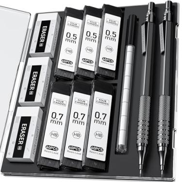 Imagem de Conjunto de 2 lapiseiras metálicas Four Candies com estojo, lapiseira de 0,5 mm e 0,7 mm para artistas, com 6 tubos (360 peças) de grafite HB, 3 borrachas, 9 refis de borracha para escrita, desenho