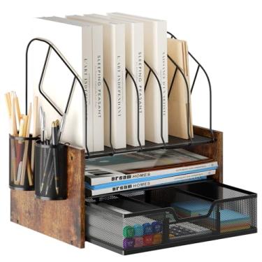 Imagem de Boershun Organizador de mesa de madeira – Organizador de arquivos de mesa de 2 camadas com gaveta com suporte de arquivo vertical, bandeja de papel de madeira, organizador de mesa de escritório e