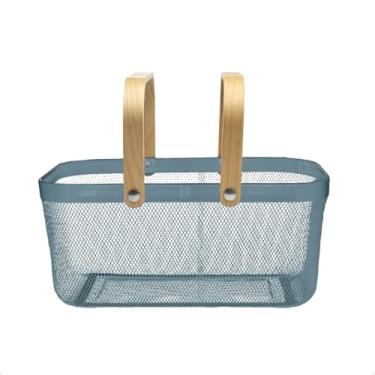 Imagem de Cesto Organizador Multiuso Retangular Metal Aramado Telado com Alça Dupla de Madeira Caixa Decorativa Fruteira Piquenique Brinquedos Cozinha Livros (Azul)