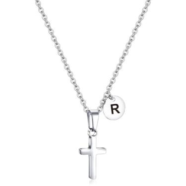 Imagem de AILAAILA Colar com cruz para crianças, meninos, inicial, adolescentes, pingente de cruz de aço inoxidável, minimalista, presente de Páscoa, presente de Natal, primeira comunhão, presentes de batismo