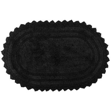 Imagem de RAJRANG Tapete de banheiro preto com padrão de crochê, macio, absorvente, reversível, de algodão, tapete de banho oval 86 x 53 cm