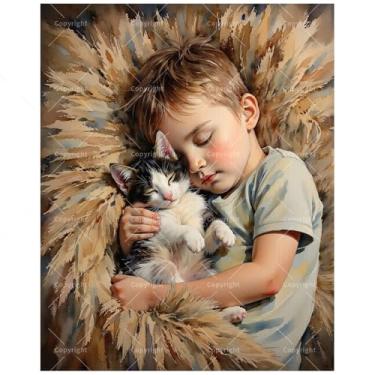 Imagem de TAOPAOLAB Kit de pintura aconchegante por números para adultos – DIY menino dormindo com gato pintura em tela 40,6 x 50,8 cm, conjunto de tinta acrílica, adequado para iniciantes, arte quente para