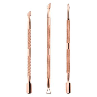 Imagem de Alicate empurrador de cutículas em aço inoxidável ouro rosa, tesoura para manicure, removedor de esmalte, cortador de unhas, 3 peças, empurrador, BH01