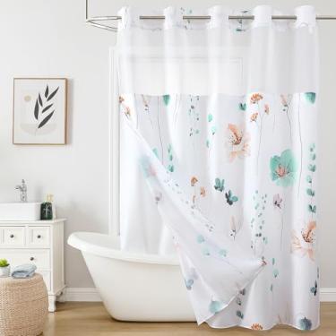 Imagem de QiyI Cortina de chuveiro de flores com forro de encaixe, tecido floral aquarela azul-petróleo para banheiro, cortinas de chuveiro sem gancho com janela superior de malha, conjunto de banheiro de
