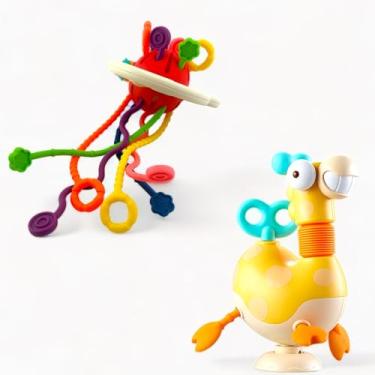 Imagem de Kit Bebê com Mordedor Chocalho Disco Voador e Girafa com Ventosa Brinquedos Sensoriais para Dentição