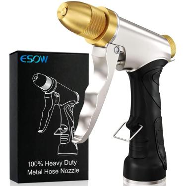 Imagem de Bico de mangueira de jardim da ESOW, 100% metal resistente, bocal de latão completo e ABS, aderência ergonômica antiderrapante, 4 padrões de irrigação, pistola de spray de metal de alta pressão para plantas de irrigação, lavagem de carro e chuveiro
