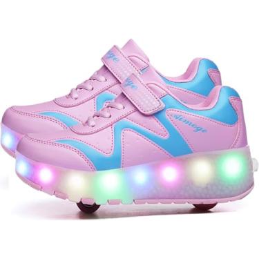Imagem de Aikuass Tênis de skate com rodas com luzes LED carregáveis por USB para meninos e meninas e crianças, Rosa - Roda dupla, 11.5 Little Kid