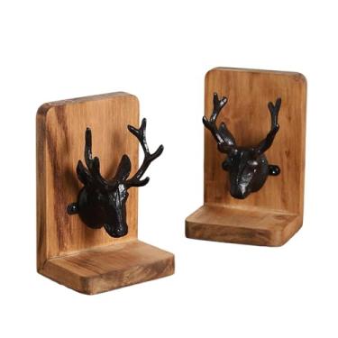 Imagem de Ｂｅｓｇａ 2 peças de suportes para livros em formato de cabeça de veado e alce, organizador de livros de rena, organizador de mesa de madeira para,