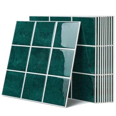 Imagem de Azulejos de parede 3D brilhantes para descascar e colar - 10 peças 29 x 29 cm impermeável PVC quadrado autoadesivo para cozinha, quarto, sala de estar, banheiro, trailer, fácil bricolage, verde