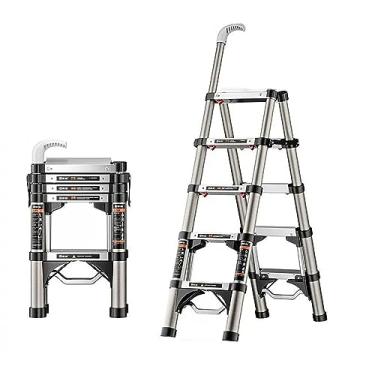 Imagem de Escada telescópica, escada telescópica de aço inoxidável de 4/5/6 degraus com pés antiderrapantes e estáveis, escada de extensão portátil com corrimão para casa e trabalho ao ar livre