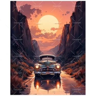 Imagem de Kit de pintura de carro retrô estética por números para adultos - DIY pintura vintage em Sunset Valley em tela 40,6 × 50,8 cm, conjunto de tinta acrílica, adequado para iniciantes, arte para decoração