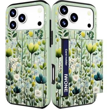 Imagem de IWONE Capa compatível com Phone 17 Pro com suporte para cartão, capa feminina à prova de choque com proteção contra quedas - Plantas botânicas verdes tropicais