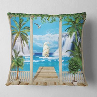 Imagem de Paisagem Designart Terraço de madeira com vista para o mar, sala de estar, sofá, almofada + capa de almofada impressa em ambos os lados 45,72 cm x 45,72 cm
