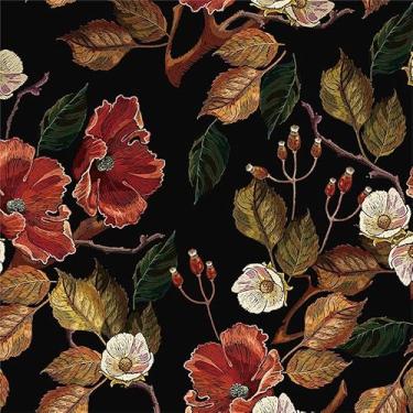 Imagem de Papel de parede vintage preto escuro vermelho marrom floral folhas descascar e colar papel de parede adesivo de vinil em papel de parede para quarto, banheiro, armário de cozinha adequado para