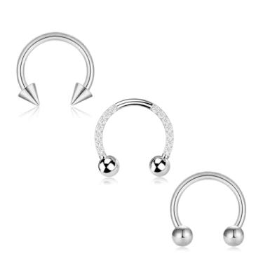 Imagem de Fiiuos 3 anéis de nariz, argolas de aço cirúrgico 316L, zircônia/opala, 16G, piercing de septo, argola articulada, cartilagem, hélice, tragus, concha, torre, lóbulo daith, argola sem costura, unissex