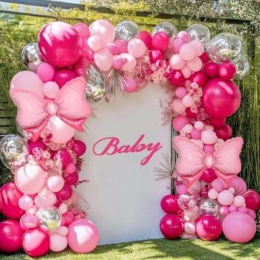 Imagem de Balões rosa choque kit arco de balão rosa duplo enchimento pastel guirlanda arco de alumínio e balões prateados para meninas mulheres tema aniversário noiva chá de bebê despedida de solteira