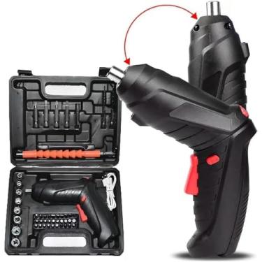 Imagem de Parafusadeira Elétrica Recarregável Sem Fio Bivolt com 47 Peças, Maleta de Transporte, Cabo Giratório e Luzes LED – Preto Fosco