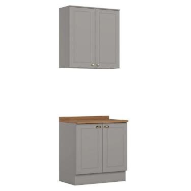 Imagem de Cozinha Modulada Americana 2 Peças Aéreo E Balcão 80cm Cinza/nature Com Tampo Mdp - Móveis Henn Cinza/nature