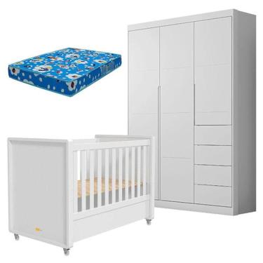 Imagem de Berço Americano Tutto New E Guarda Roupa Infantil Eloá Branco Acetinado Com Colchão Ortobom - Phoenix Baby