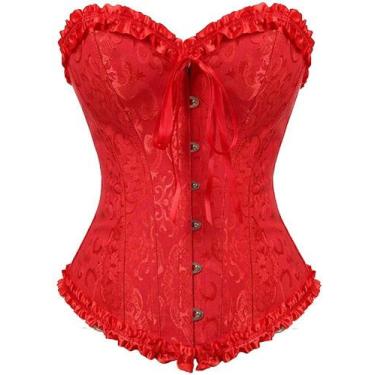Imagem de Espartilho feminino ADELCE com cadarço e osso, floral, vermelho, 2GG
