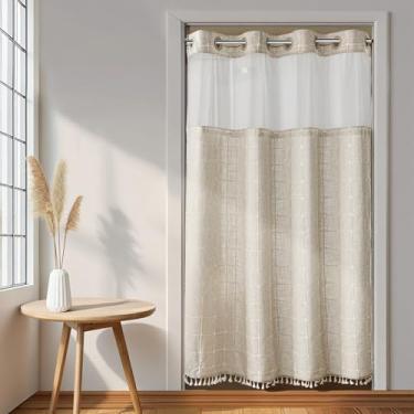 Imagem de River Dream Cortina de chuveiro Farmhouse Linen com forro de encaixe, conjunto de cortina de chuveiro sem ganchos, com borlas para decoração de banheiro, cortina de chuveiro e forro com janela