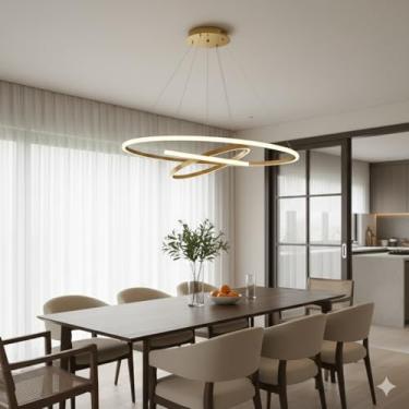 Imagem de Luminária Pendente LED Moderna 3 Anéis 72W, Redonda Embutida, Regulável, 3 Cores de Luz (3000K/4000K/6000K), Altura Ajustável, Design Luxuoso para Sala, Quarto ou Escritório (Dourado)