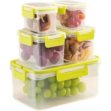 Imagem de Conjunto de Potes Plásticos com Tampa e Cesto, 5 Peças, Transparente com Cestos Bege e Verde, Organizador para Cozinha, Tamanhos Variados, Empilháveis