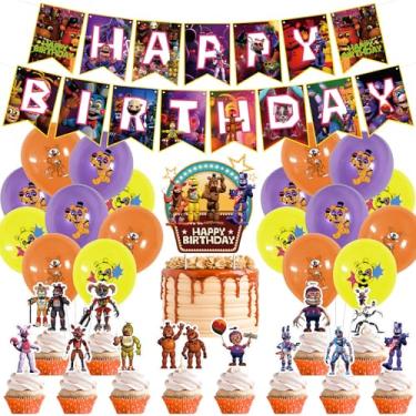 Imagem de Decorações de festa de aniversário Freddy's, decorações de 5 noites incluem banner, topos de bolo, balões para crianças chá de bebê suprimentos de festa de aniversário (preto)