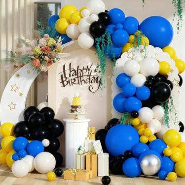 Imagem de Kit de arco de guirlanda de balão azul real, preto, amarelo, 127 peças, látex, tamanhos variados, azul real e preto, para festas de aniversário, formatura, videogame, decoração de festa