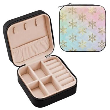 Imagem de Wassud Estojo de joias de viagem de floco de neve de Natal para mulheres, meninas, senhoras, noiva, mini organizador de joias de couro PU, caixa quadrada de armazenamento de joias para brincos, anéis