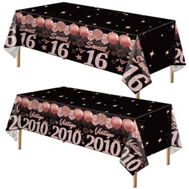 Imagem de Uiorgui 2 toalhas de mesa de aniversário de 16 anos, decoração de aniversário de 16 anos em ouro rosa preto para meninas, vintage, 2010, toalha de mesa retangular de plástico, artigos de festa de 16